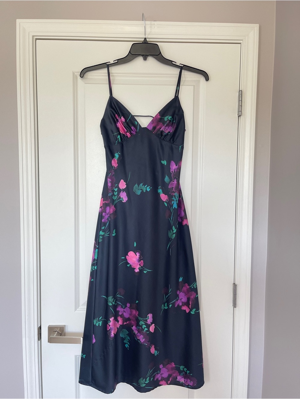 Dynamite Women’s Black Midi Satin Slip Dress with Floral Print - XS